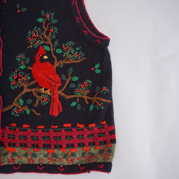 Vintage White Stag Black Cardinal Embroidered Sweater Vest Cabincore Cottage 16W - Picture 3 of 8